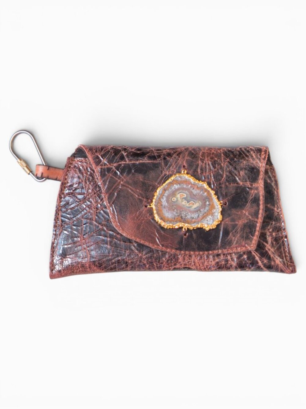 robin:ruby Distressed Brown Leather Clutch w/ Agate Stone, Made in USA